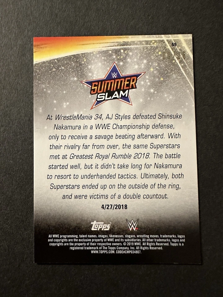 2019 Topps WWE Wrestling AJ Styles Shinsuke Nakamura Summer Slam #59 Silver /25 - Image 3 of 3