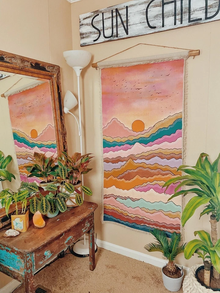 Tapiz de montaña rosa puesta de sol | paisaje, arte de pared colgante occidental bohemio Foto 3 de 3