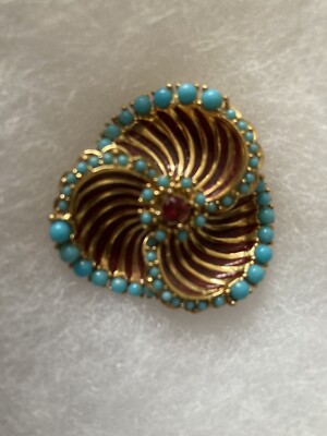 Vintage Hallmarked Ciner Brooch Turquoise Color Beads Ruby Red Center Rhinestone
