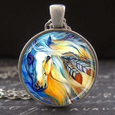Horse Necklace Feather Maine Equestrian Art Women Girls Pendant Silver  Jewelry