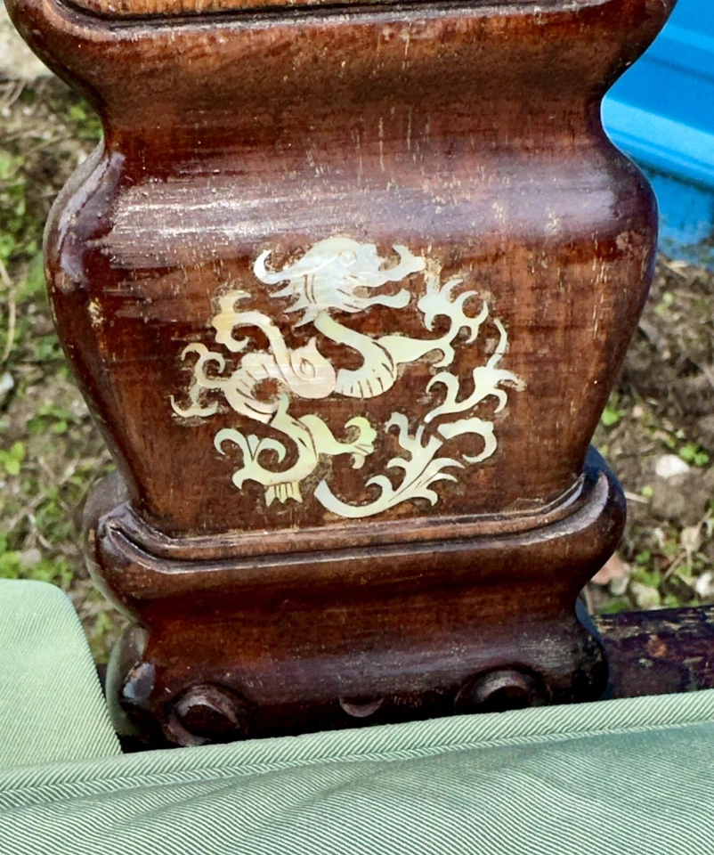 罕见泰国雕刻红木,镶嵌珍珠之母角椅子龙鲍鱼 — 第 4/4 张图片