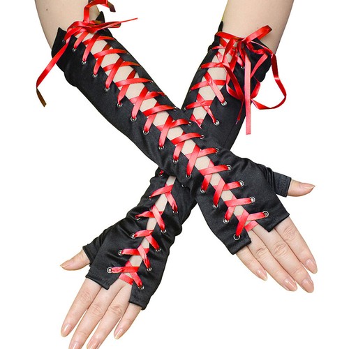 Long Sexy Satin String Ribbon Lace Up Rivets Gloves Fingerless Gloves Arm Warmer - Picture 3 of 30
