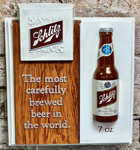 Vintage 1966 Schlitz Most Carefully Brewed Beer Bottle Sign Plastic 11x12 - Rare