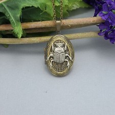 Ox Brass Oval Beetle Locket Necklace Jewelry Keepsake Photo Locket.