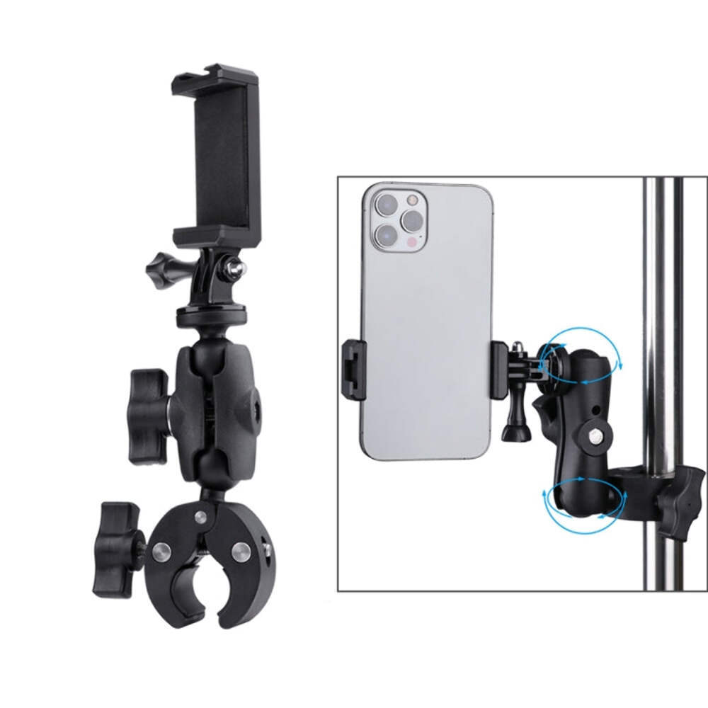 360 Rotation Adjustable Action Camera Clamp Plier Base Holder with Phone Clamp (