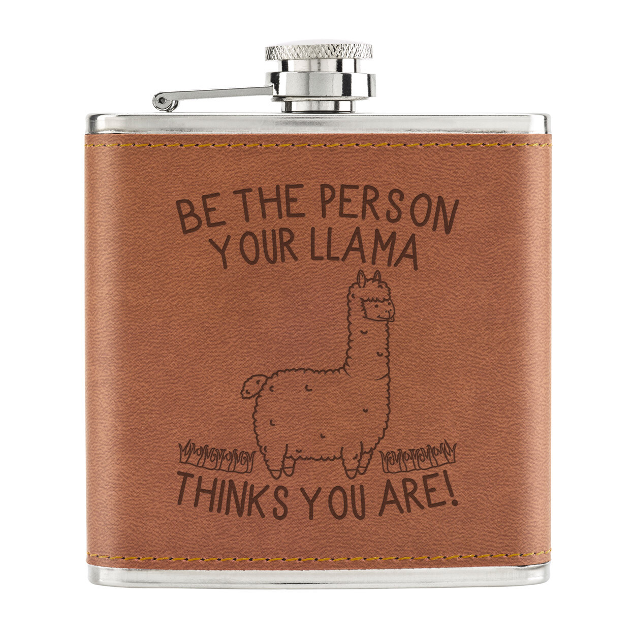 Be The Person Your Llama Thinks You Are 6oz PU Leather Hip Flask Tan Crazy Lady