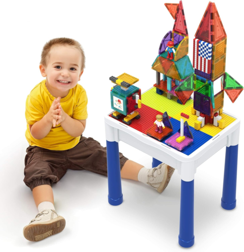 316 Pcs Activity Table with Magnetic Tiles and Building Brick Blocks, Playset Ta - Picture 1 of 9