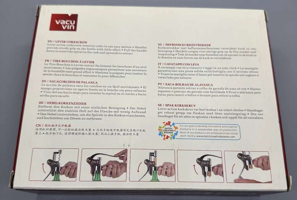 Sacacorchos Palanca Vacu Vin Palanca Horizontal Sacacorchos Abridor de Botellas Negro - Nuevo Foto 2 de 4