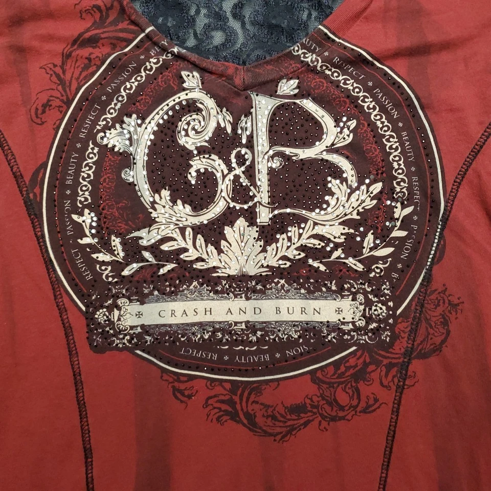 Camisa De Colección Crash And Burn Para Mujer Grande Roja Negra Encaje Gótico Y2K Retro Grunge TEE Foto 4 de 4