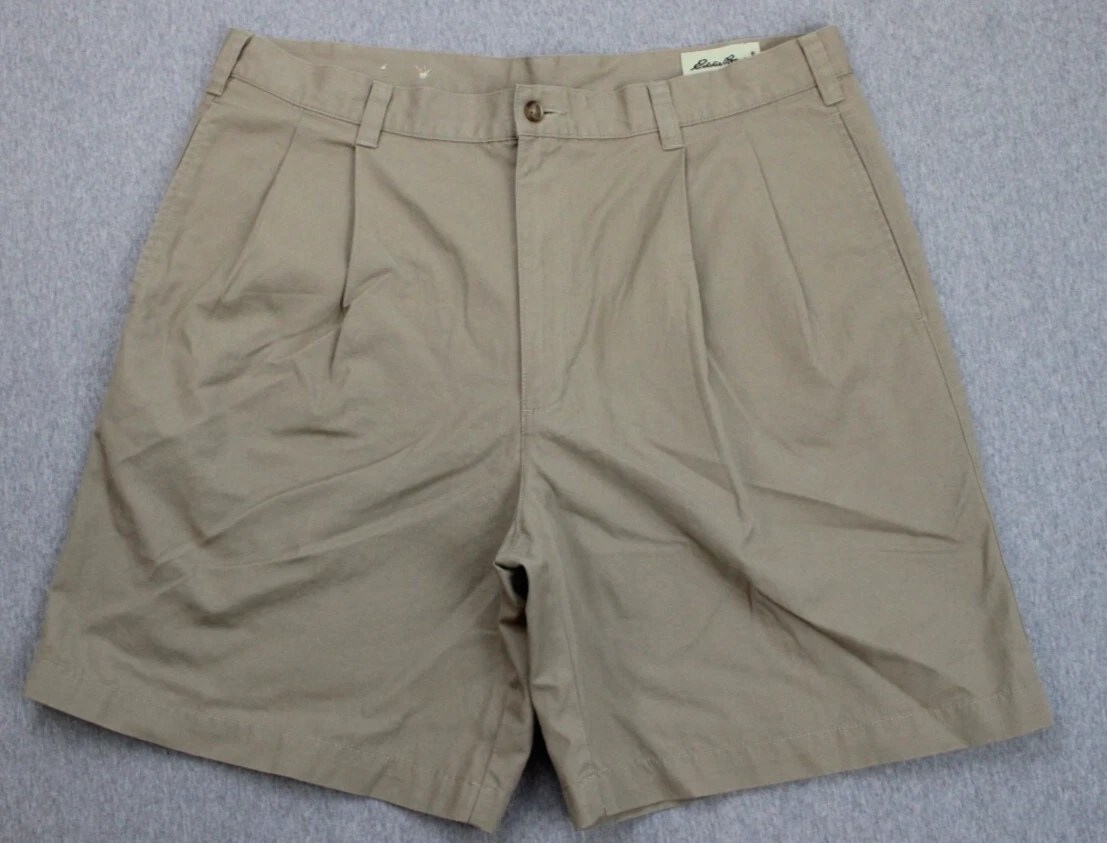 Eddie Bauer Shorts Mens 38 Beige 100% Cotton Pleated 8" Inseam