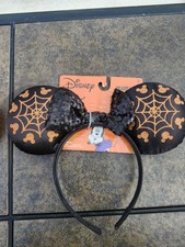 Disney minnie mouse black ears with orange spider webs halloween, black bow
