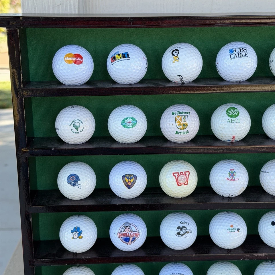 老式木质高尔夫球展示盒 19x181⁄4 带 49 标志高尔夫球系列 — 第 2/4 张图片