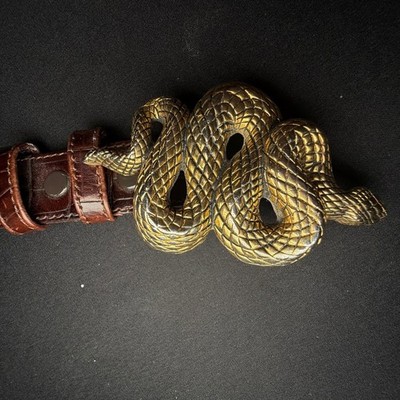 VTG Vicenza Belt Snake Buckle Mens 32 Brown Gold Croc Calf  display picture 3