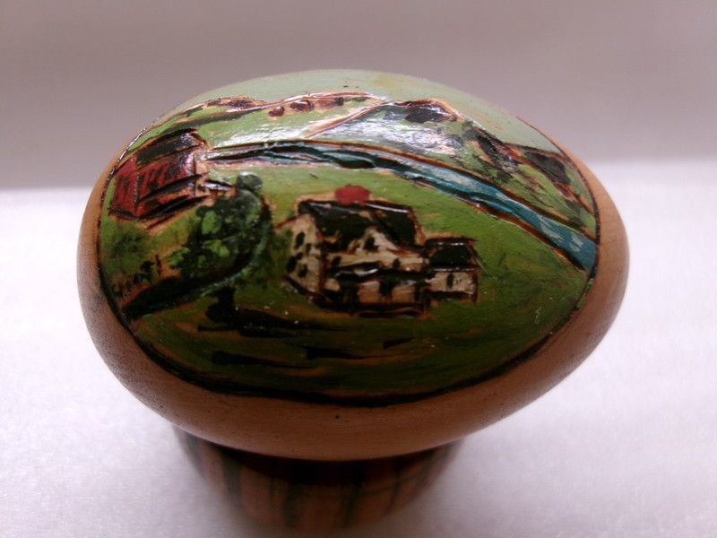 Vintage Egg Hand Carved Wood Hand Painted Decorative Egg Farm Landscape SIgned
