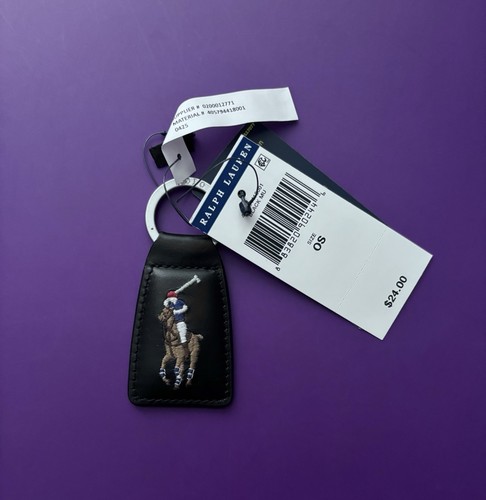 Ralph Lauren Polo Portachiavi Portachiavi Portachiavi Nero Pelle Goffrata Multicolore Pony - Foto 2 di 5
