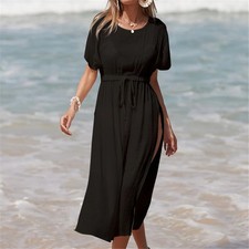 Sexy Short Sleeve High Split Crochet Knitted Tunic Beach Cover Up Beach Dress