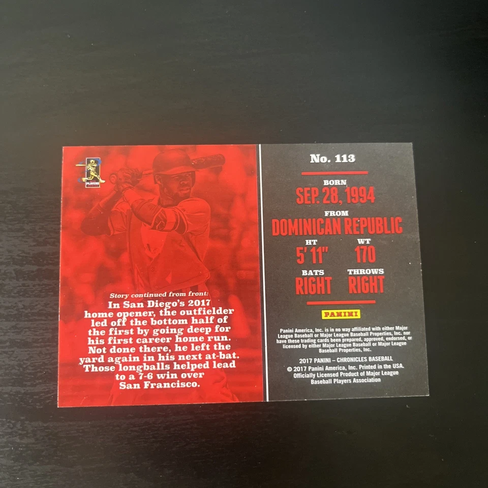 2017 Chronicles GOLD Manuel Margot RC /399 #113 San Diego Padres Tampa Rays - Image 2 of 2