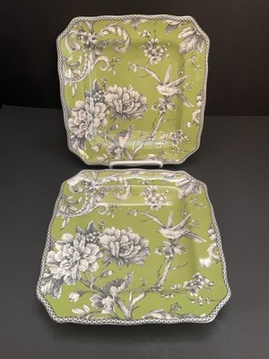 222 Fifth Adelaide Green and White Toile 8.5  Square Salad Plates Set of 2