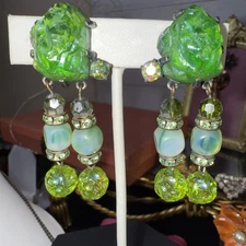 Vintage Schiaparelli Green Lava Art Glass Stones And Rhinestone Clip earrings
