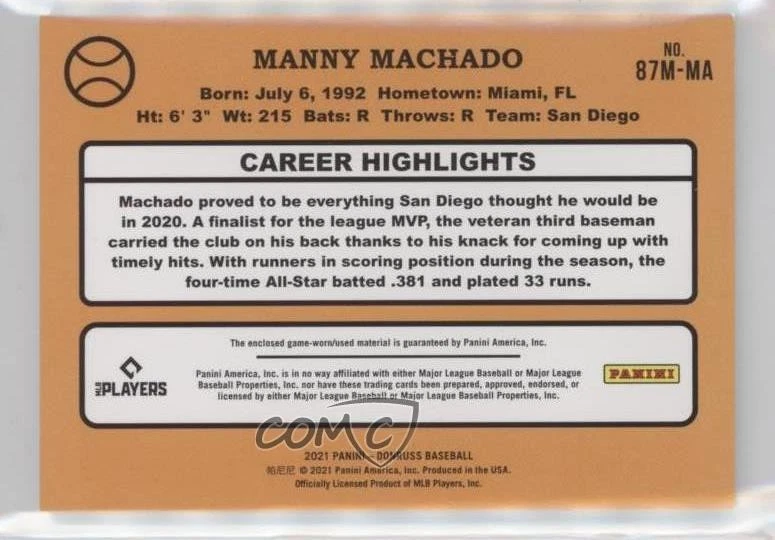 2021 Panini Donruss Retro 1987 Materials Manny Machado #87M-MA - Image 2 of 2