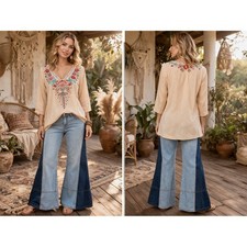 Johnny Was Pieced Straight Flare Two Tone Blue Colorblock Wide Leg Jeans Size 29