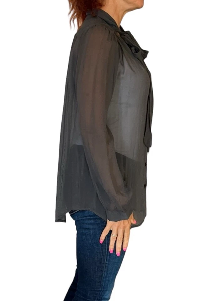 DKNY DONNA KARAN NEW YORK BLOUSE GRAY SHEER PUSSYBOW NECK TIE SILK CHIFFON M - Image 4 of 4
