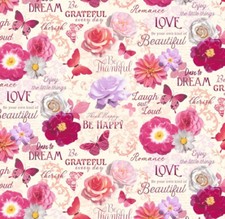 50cm Dekostoff 100% Baumwolle Rosen, Blumen Schmetterlinge, Schrift