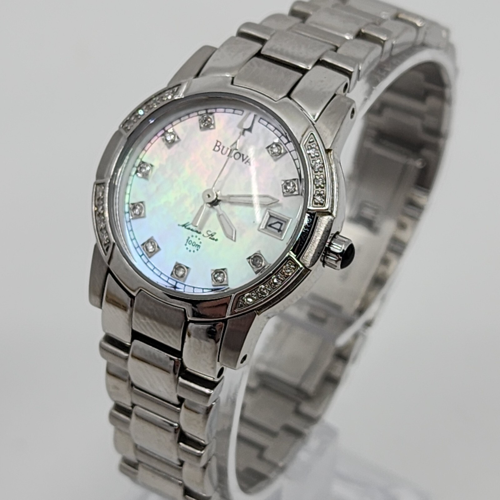 Bulova Marine Star Silver Tone Mother of Pearl Womans Faux 