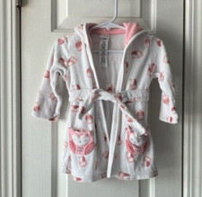 GIRLS JUST ONE YOU CARTERS HOODED BATHROBE OWLS TIE FRONT LONG SLEEVE SIZE 0-9M