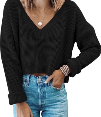 JUMPPMILE Women's V Neck Cropped Knit Long Sleeve Sweater