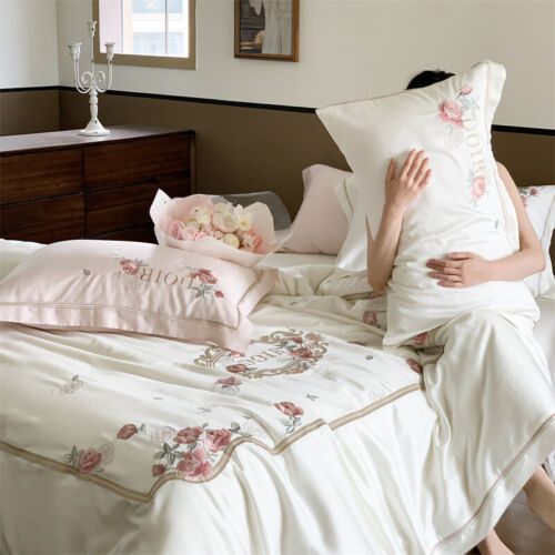 Bedding Set 4pcs Embroidery Silky Duvet Cover Flat Sheet Pillowcases Flowers - Picture 1 of 18