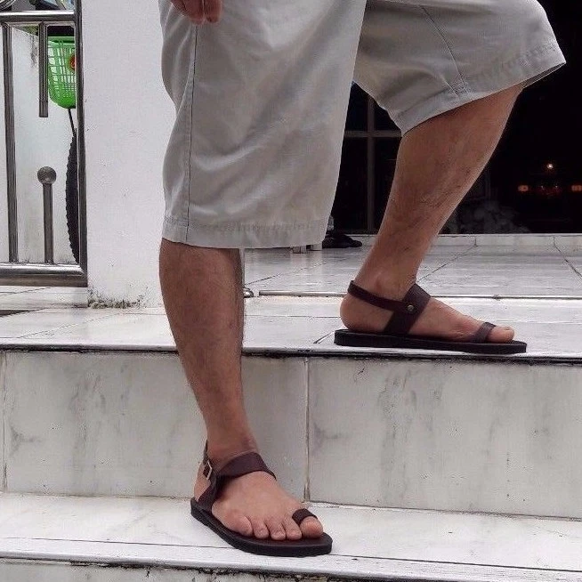 Coffee Leather Ring Toe Zori Boho Open Ankle Strap Unisex Men'