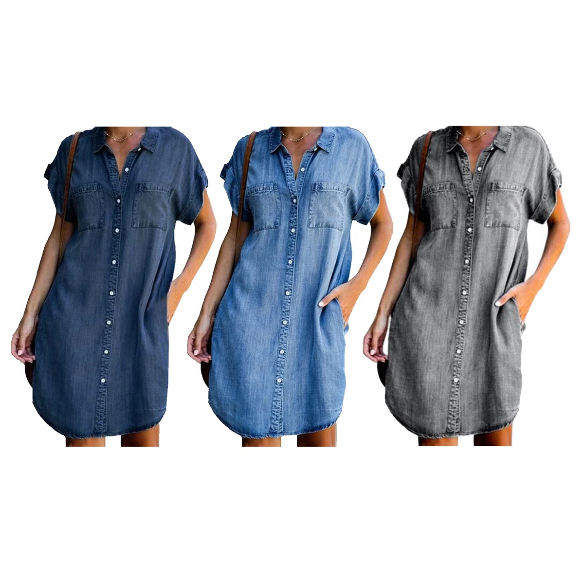 Womens Casual Short Sleeve Button Down A Line Summer Jean Denim