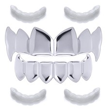Plain Top Bottom Teeth Silver Plated Vampire Fangs Grillz 2 Extra Molds LS055 S