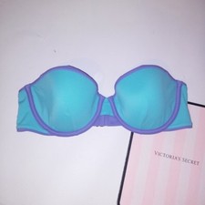 Victoria Secret Swim Suit Bikini Top 36B Blue Purple Reversible Bandeau