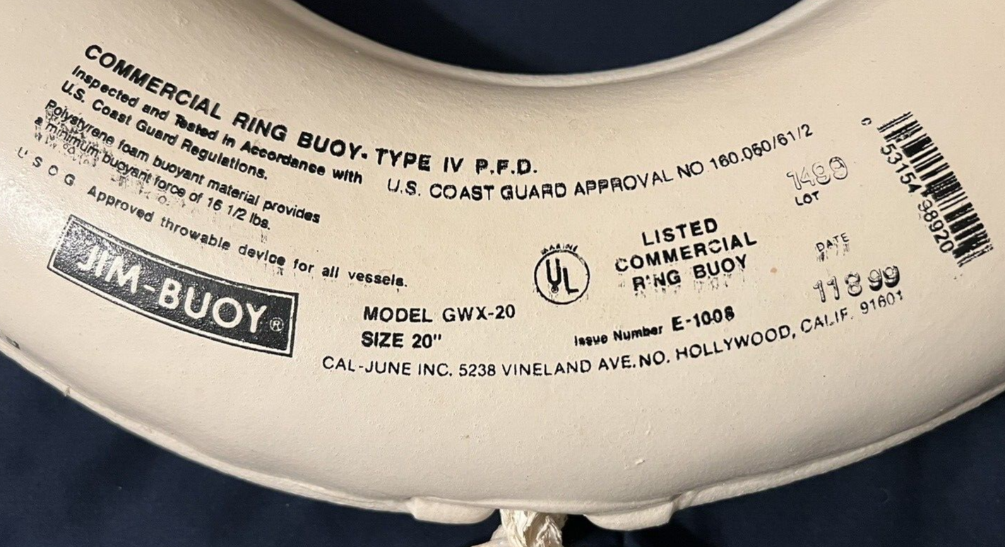 JimBuoy Commercial Throwable Life Ring Type IV P.F.D. Model GW20 Size