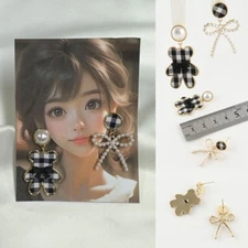 Black White Bear Ribbon Earrings Unbalanced Holiday Season Women Accessory