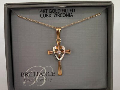 NIB Brilliance 14k Yellow Gold Filled Cross Pendant Necklace with Center CZ