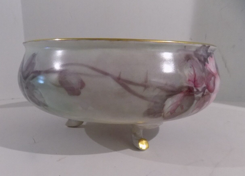 Limoges France 3 Footed Bowl Dish Pink Purple Roses - Picture 4 of 14