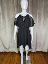 SYLK Black Swiss Dot Cold Shoulder High-Low Midi Dress Small Chiffon Boho Chic