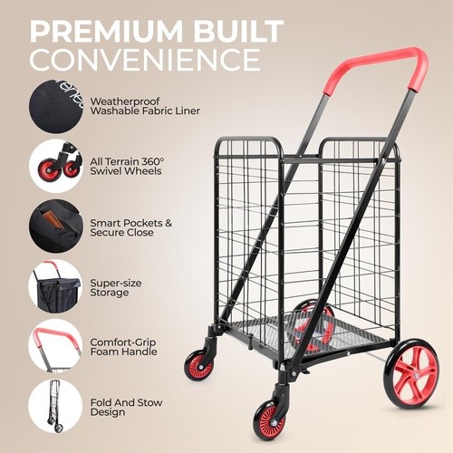 SereneLife Heavy Duty Foldable Shopping Cart w/ Removable Cart Liner (Red) - Picture 2 of 7
