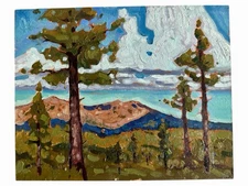 Original Painting Landscape 8 X 10 Pine Trees Mountains Signed Clouds Western
