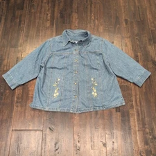Women Floral Embroidered Denim Snap Up Jacket Size 16W 3/4 Sleeve Light Wash 1XL