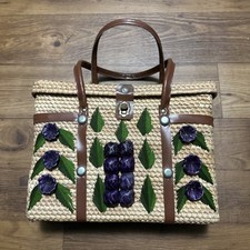 Mexico Woven Embroidered Straw Picnic Beach Tote Bag Wicker Leather Handles EUC