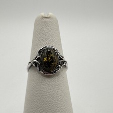 VTG 925 Sterling Silver Green Baltic Amber Filigree Ring Oval Cabochon Sz. 5.5