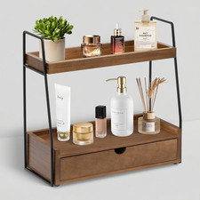2-Tier Bathroom Organizer Countertop with Drawer, Wood Counter Organizer for Bat
