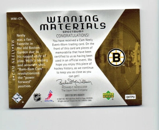 2007-08 SPx Winning Materials Spectrum 78/99 Cam Neely #WM-CN HOF - Image 2 of 2