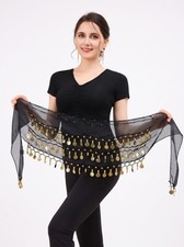 Black Belly Dance Hip Scarf Belt Gold Coins Chiffon Wrap Skirt Costume Zumba