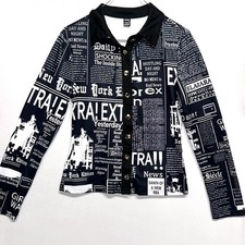 Black White Newspaper Print Zip Crop Jacket Women's Medium