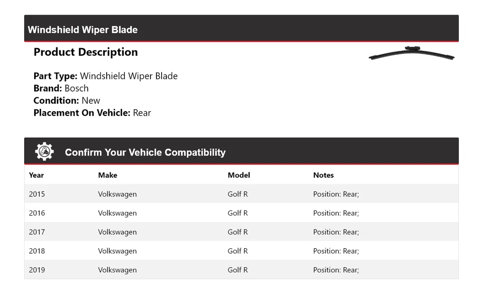 Limpiaparabrisas trasero para Volkswagen Golf R Bosch 2015-2019 2016 2017 2018 Foto 2 de 4